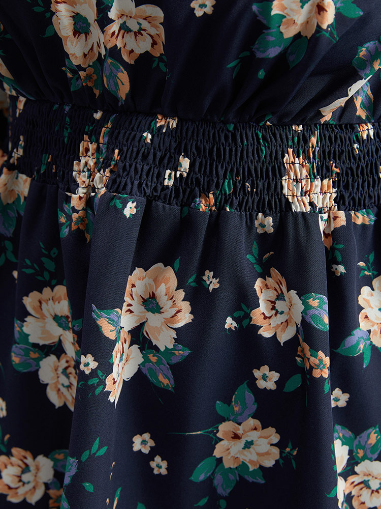 Plus Size Indigo Floral Square Neck Shirred Lantern Sleeve Blouse Women Elegant Long Sleeve Square Neck Dailywear Blouses BloomChic 14-16/1X 