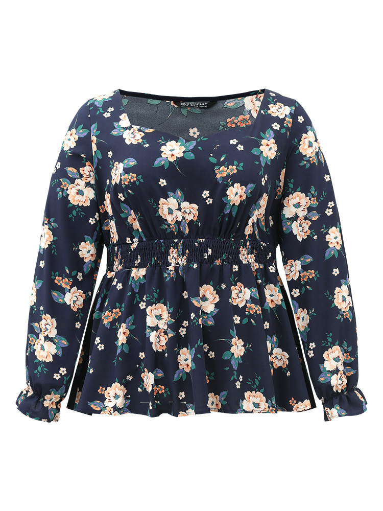 Plus Size Indigo Floral Square Neck Shirred Lantern Sleeve Blouse Women Elegant Long Sleeve Square Neck Dailywear Blouses BloomChic 14-16/1X 