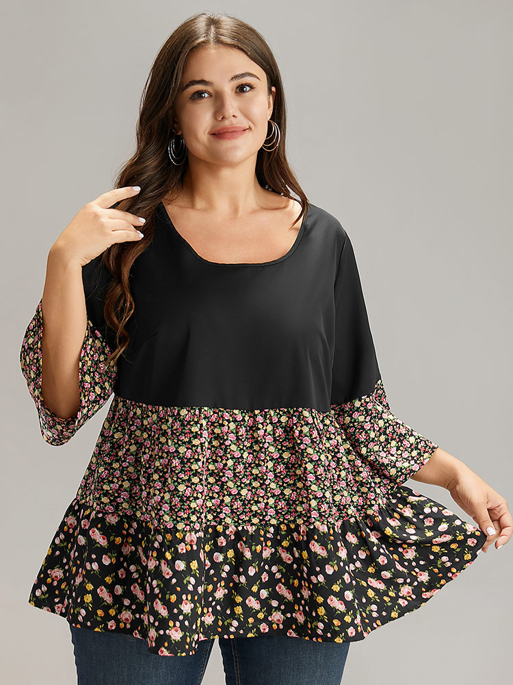

Plus Size Black Ditsy Floral Patchwork Tiered Flutter Sleeve Blouse Women Casual Elbow-length sleeve Scoop Neck Everyday Blouses BloomChic