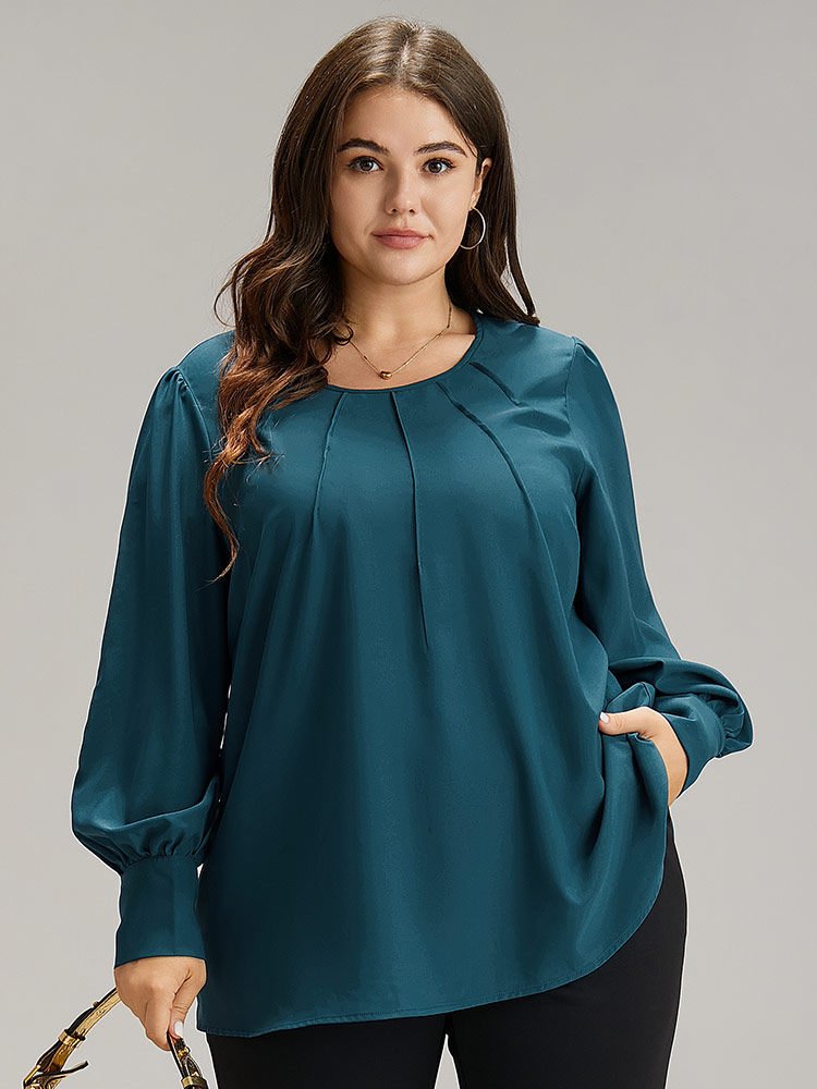 

Plus Size Cyan Anti-Wrinkle Solid Pleated Puff Sleeve Button Up Blouse Women Office Long Sleeve Round Neck Work Blouses BloomChic