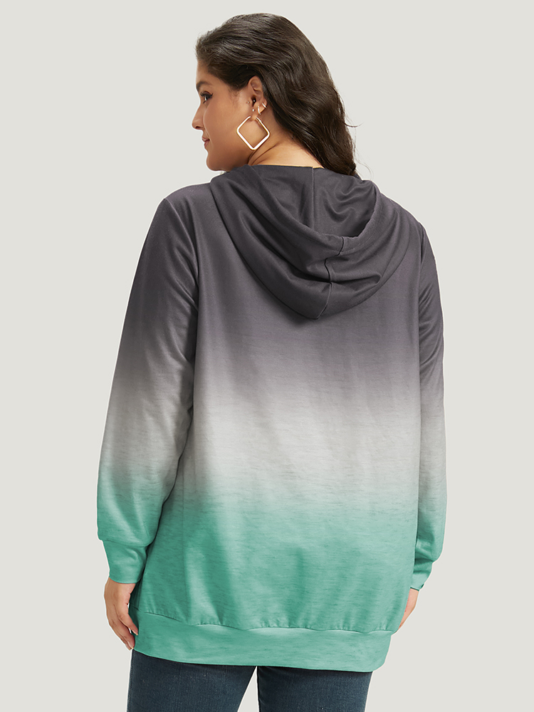 

Plus Size Ombre Pocket Drawstring Hooded Sweatshirt Women Gray Casual Elastic cuffs Hooded Everyday Sweatshirts BloomChic
