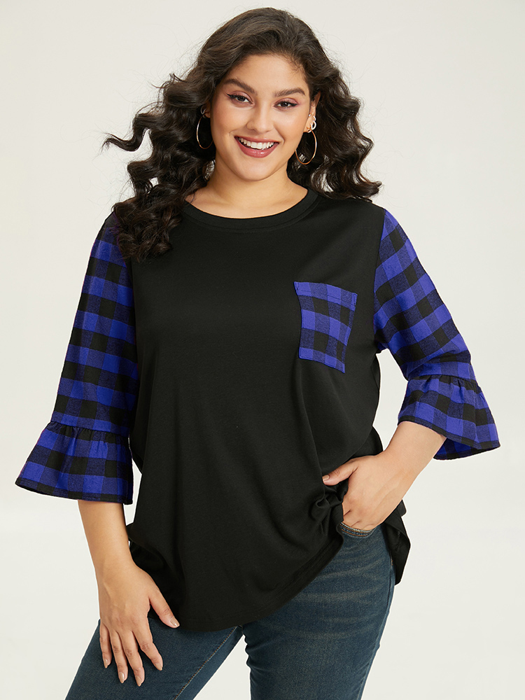 

Plus Size Plaid Patched Pocket Patchwork Contrast Bell Sleeve T-shirt Blue Women Casual Contrast Plaid Round Neck Dailywear T-shirts BloomChic