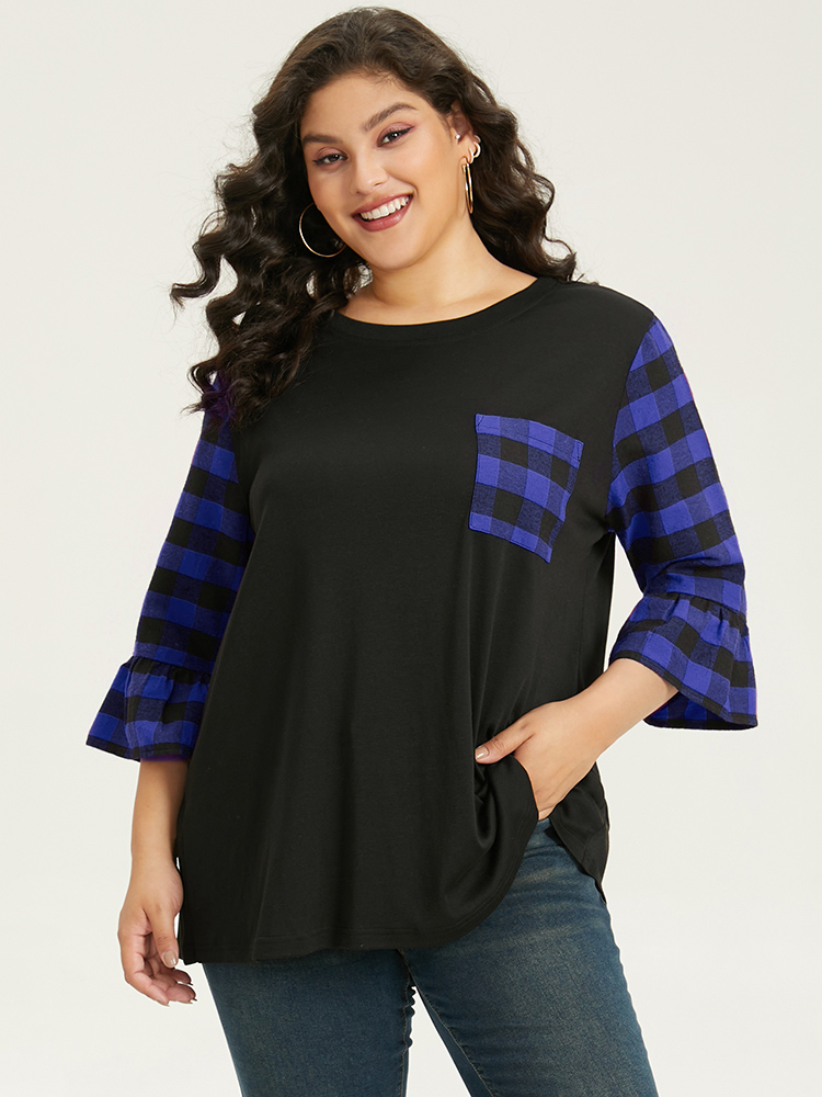 Plus Size Plaid Patched Pocket Patchwork Contrast Bell Sleeve T-shirt Blue Women Casual Contrast Plaid Round Neck Dailywear T-shirts BloomChic 30/6X 