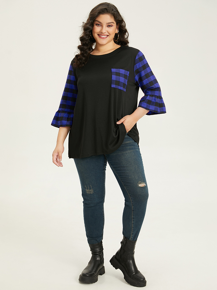 Plus Size Plaid Patched Pocket Patchwork Contrast Bell Sleeve T-shirt Blue Women Casual Contrast Plaid Round Neck Dailywear T-shirts BloomChic 30/6X 