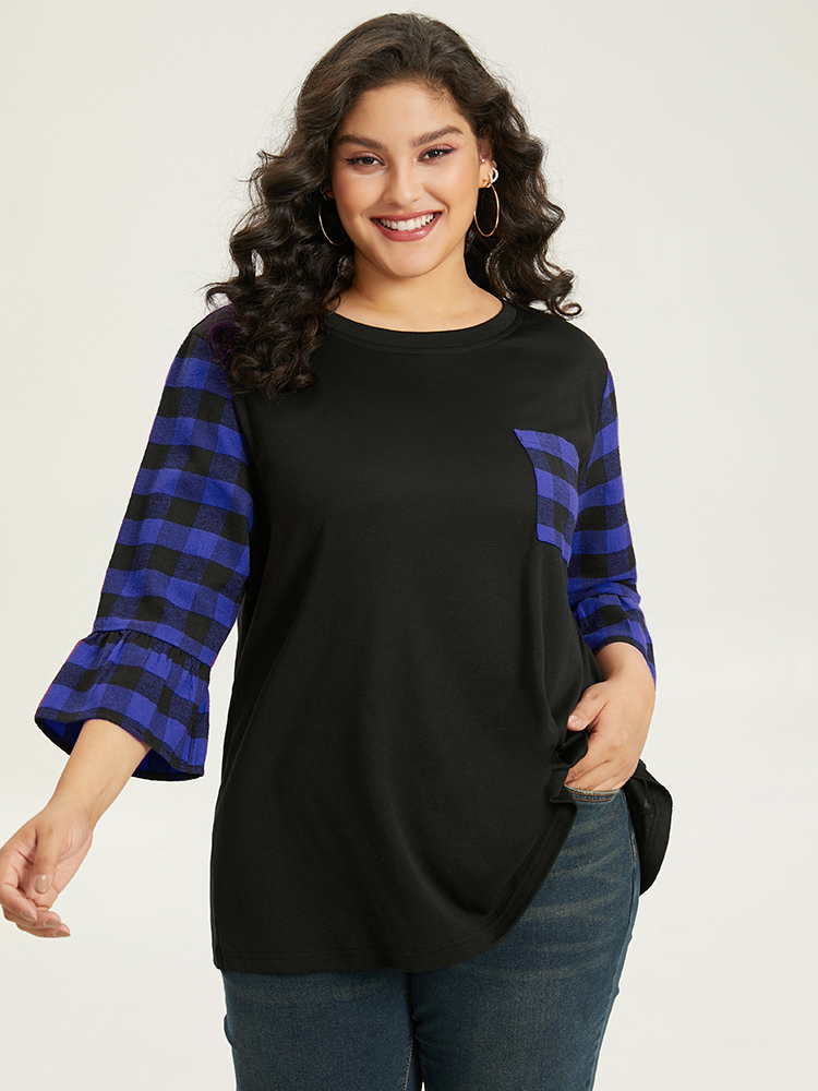 Plus Size Plaid Patched Pocket Patchwork Contrast Bell Sleeve T-shirt Blue Women Casual Contrast Plaid Round Neck Dailywear T-shirts BloomChic 30/6X 