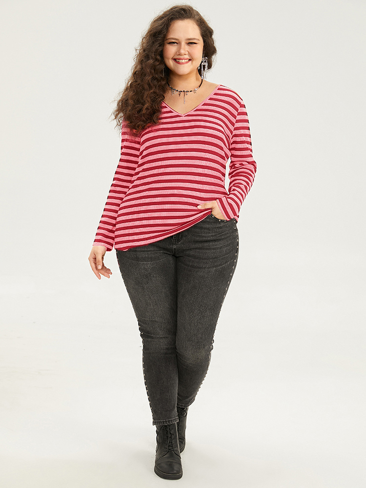 Plus Size Halloween V Neck Contrast Striped T-shirt Red Women Casual Contrast Striped V-neck Festival-Halloween T-shirts BloomChic 22-24/3X 