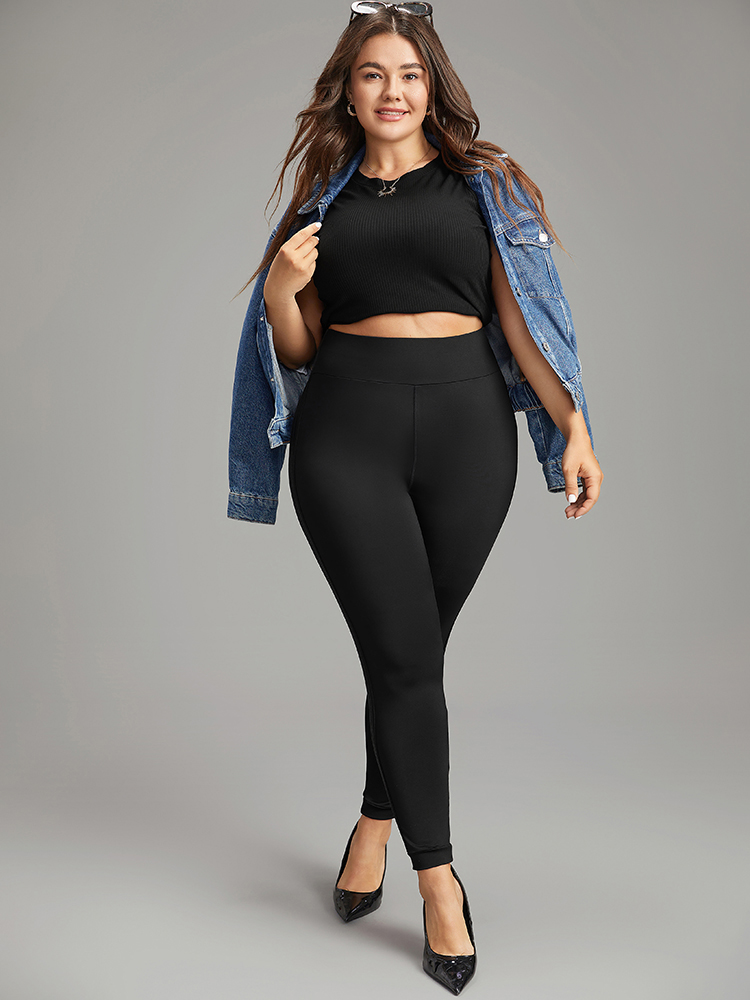 Plus Size Wideband Waist Contrast Webbing Leggings Women Black Casual High stretch Skinny High Rise Dailywear Leggings BloomChic 14-16/1X 