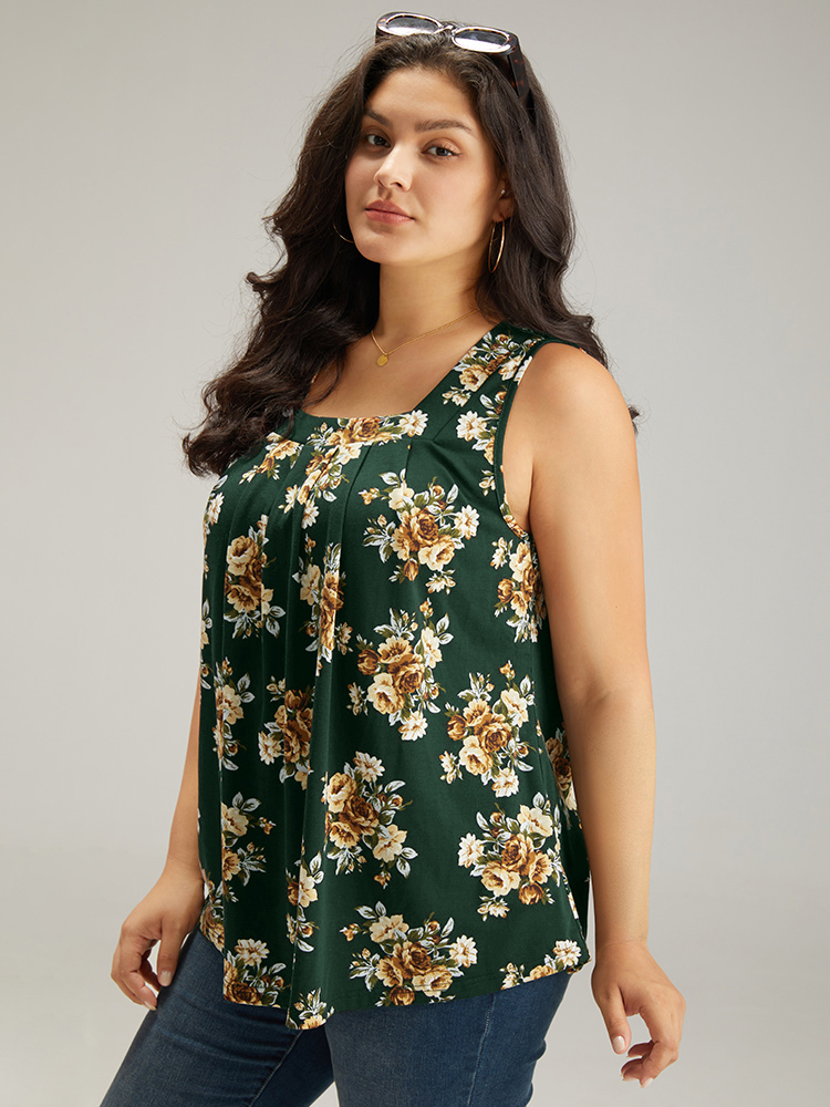 Plus Size Floral Square Neck Plicated Detail Tank Top Women Green Casual Printed Square Neck Dailywear Tank Tops Camis BloomChic 30/6X 
