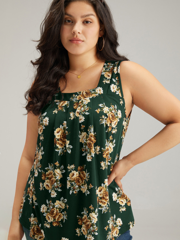Plus Size Floral Square Neck Plicated Detail Tank Top Women Green Casual Printed Square Neck Dailywear Tank Tops Camis BloomChic 30/6X 