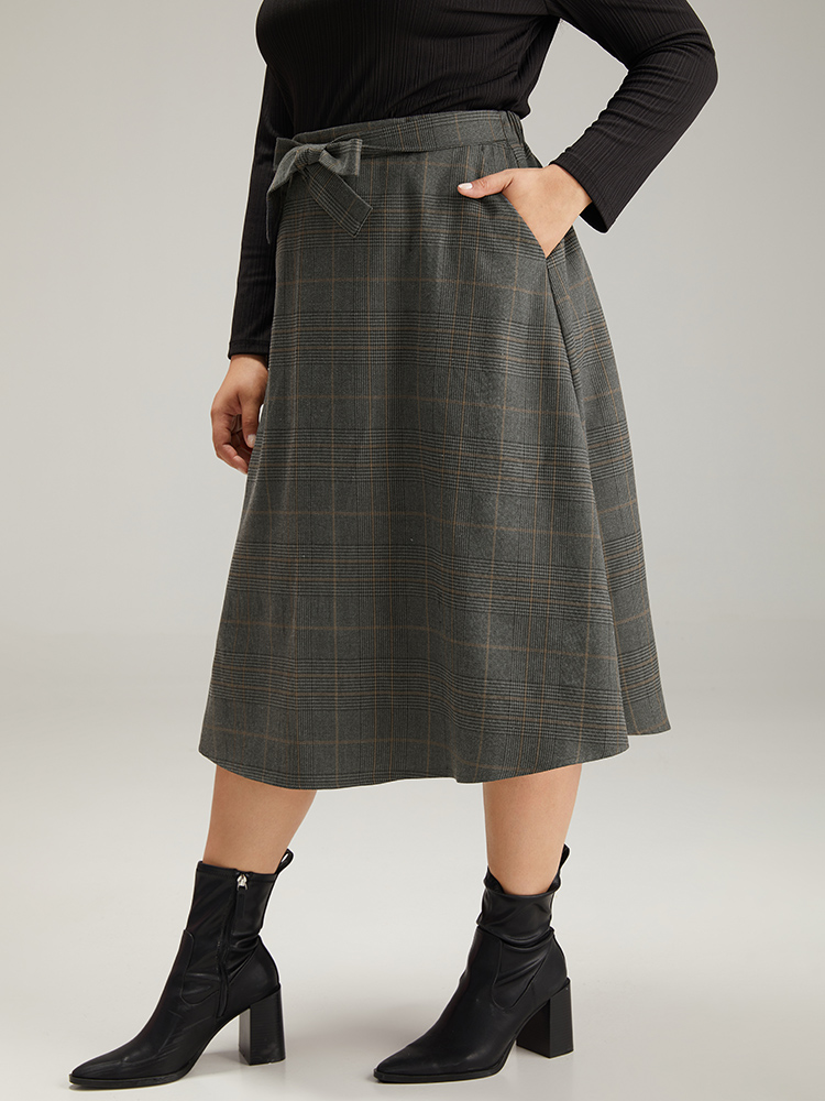 Plus Size Plain Pocket Elastic Waist A-line Ties Skirt Women DimGray Office A-line No stretch Pocket Work Skirts BloomChic 18-20/2X 