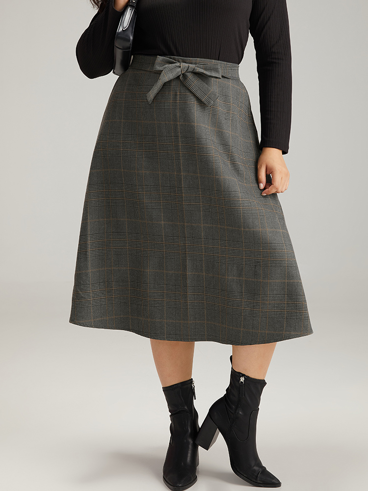 Plus Size Plain Pocket Elastic Waist A-line Ties Skirt Women DimGray Office A-line No stretch Pocket Work Skirts BloomChic 18-20/2X 