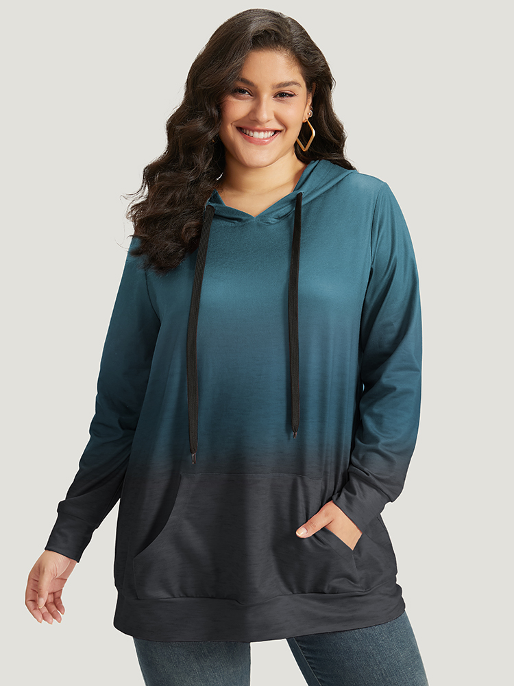 

Plus Size Ombre Pocket Drawstring Hooded Sweatshirt Women Teal Casual Elastic cuffs Hooded Everyday Sweatshirts BloomChic