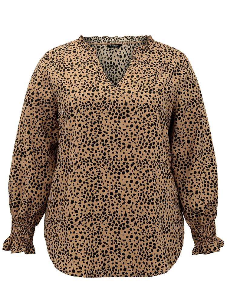 

Plus Size Brown Leopard Shirred Notched Lantern Sleeve Blouse Women Elegant Long Sleeve Notched collar Dailywear Blouses BloomChic