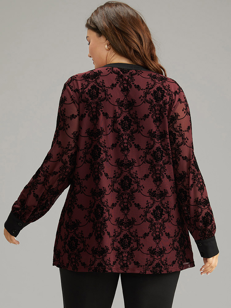 

Plus Size Burgundy Floral Print Mesh V Neck Blouse Women Elegant Long Sleeve V-neck Dailywear Blouses BloomChic