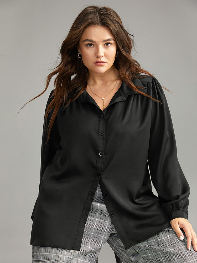 Plus Size Women Work Plain Gathered Lantern Sleeve Long Sleeve Shirt collar Office Blouses BloomChic 