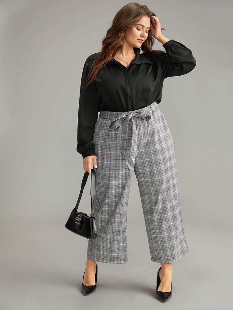 Plus Size Women Work Plain Gathered Lantern Sleeve Long Sleeve Shirt collar Office Blouses BloomChic 