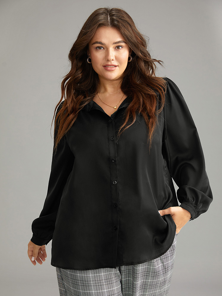 Plus Size Women Work Plain Gathered Lantern Sleeve Long Sleeve Shirt collar Office Blouses BloomChic 