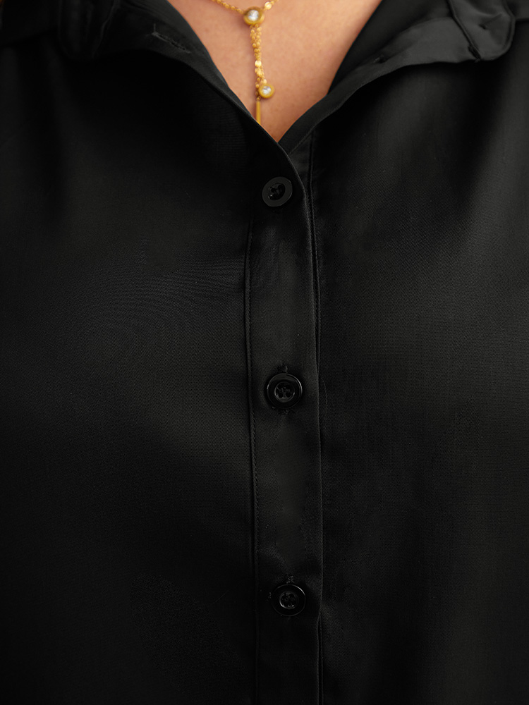 

Plus Size Plain Shirt Collar Gathered Blouse Black Long Sleeve Shirt collar Office Shirts