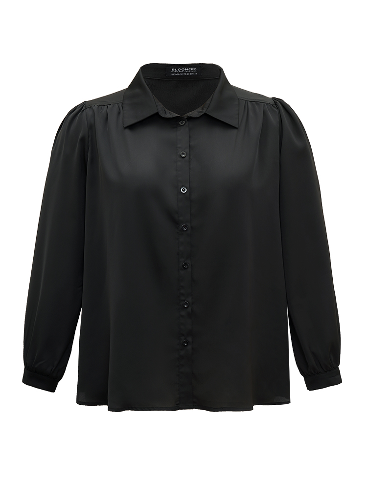Plus Size Women Work Plain Gathered Lantern Sleeve Long Sleeve Shirt collar Office Blouses BloomChic 