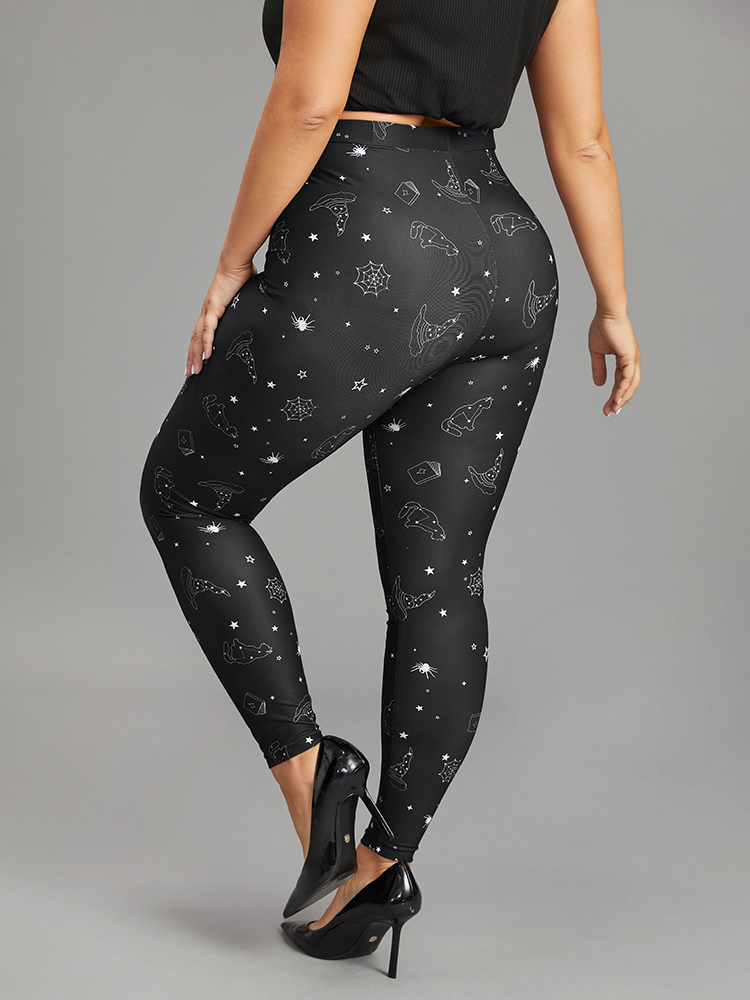 Plus Size Halloween Print High Rise Elastic Waist Leggings Women Black Casual High stretch Skinny High Rise Festival-Halloween Leggings BloomChic 26/4X 