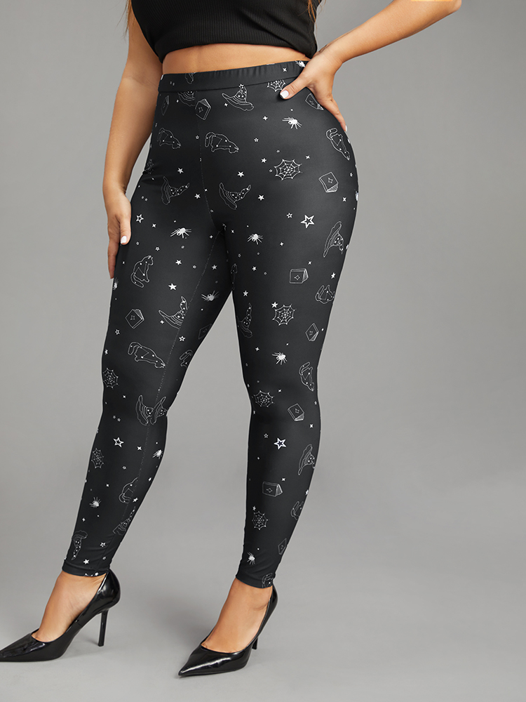 Plus Size Halloween Print High Rise Elastic Waist Leggings Women Black Casual High stretch Skinny High Rise Festival-Halloween Leggings BloomChic 26/4X 