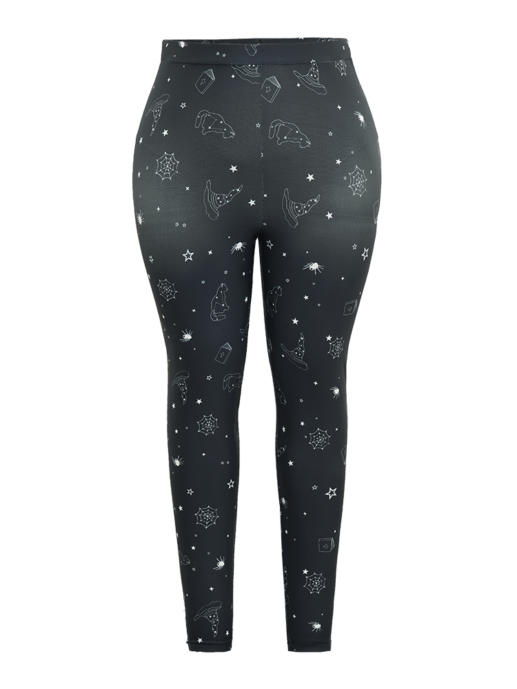 Plus Size Halloween Print High Rise Elastic Waist Leggings Women Black Casual High stretch Skinny High Rise Festival-Halloween Leggings BloomChic 26/4X 