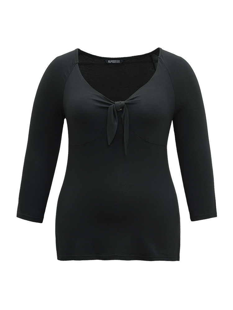 

Plus Size Halloween Plain Twist Front Raglan Sleeve Blouse Black Tie Neck Long Sleeve Glamour Jersey Tops