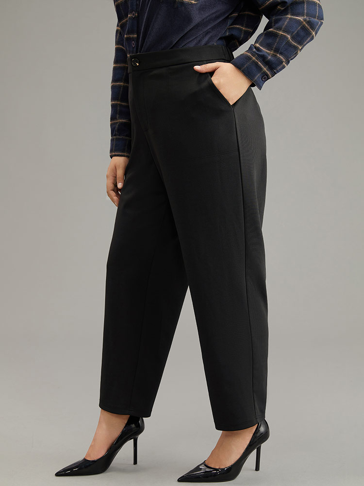 Plus Size Plain Elastic Waist Pocket Mid Rise Pants Women Black Office Mid Rise Work Pants BloomChic 14-16/1X 