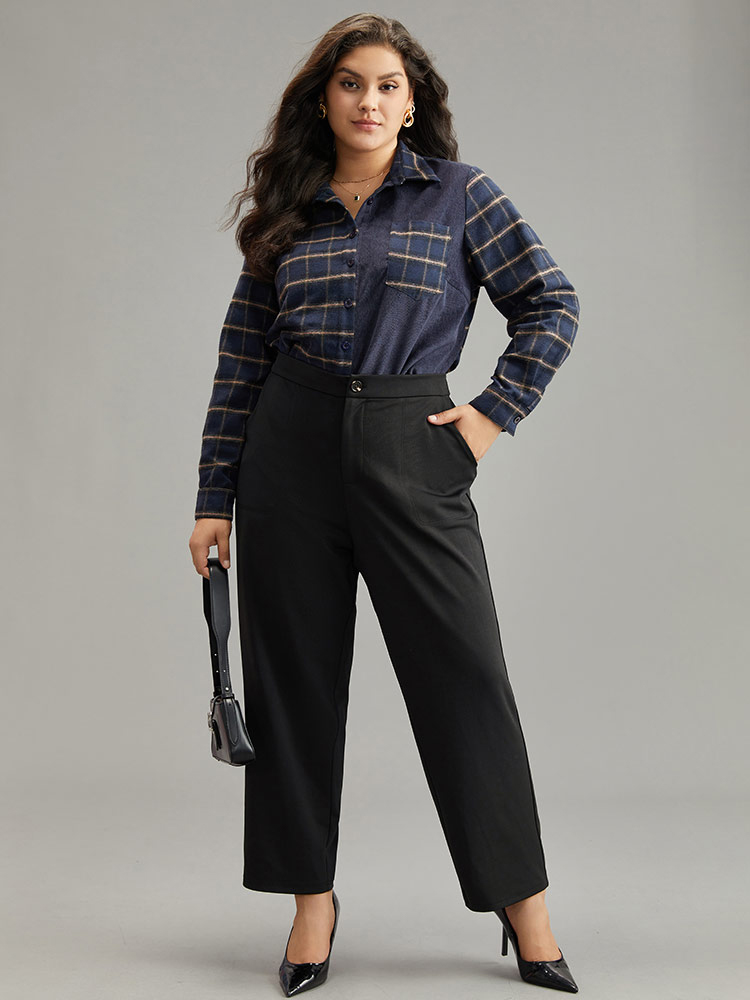 Plus Size Plain Elastic Waist Pocket Mid Rise Pants Women Black Office Mid Rise Work Pants BloomChic 14-16/1X 