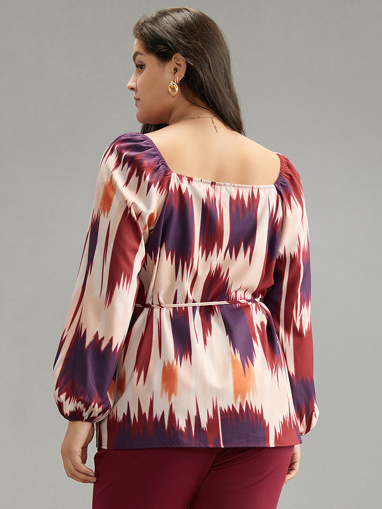 Plus Size Women Dailywear Tie Dye Tie Dye Puff Sleeve Long Sleeve Square Neck Office Blouses BloomChic 