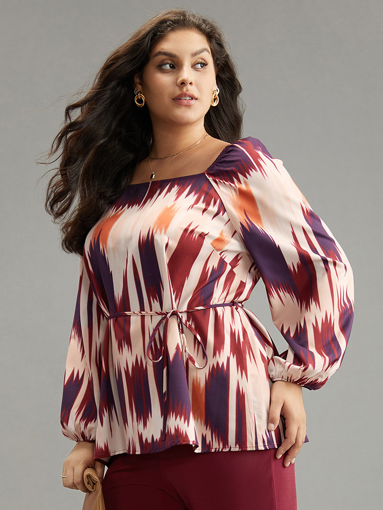 Plus Size Women Dailywear Tie Dye Tie Dye Puff Sleeve Long Sleeve Square Neck Office Blouses BloomChic 