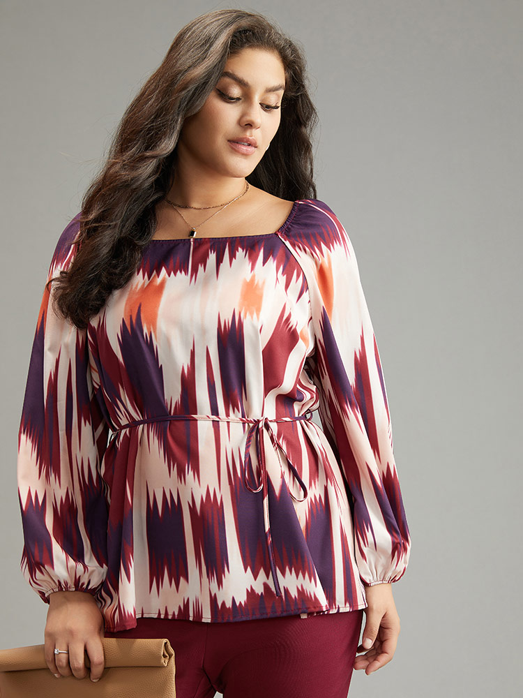 Plus Size Women Dailywear Tie Dye Tie Dye Puff Sleeve Long Sleeve Square Neck Office Blouses BloomChic 