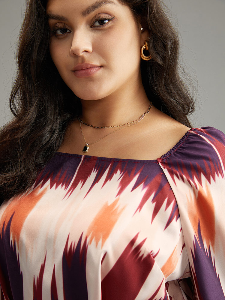 Plus Size Women Dailywear Tie Dye Tie Dye Puff Sleeve Long Sleeve Square Neck Office Blouses BloomChic 