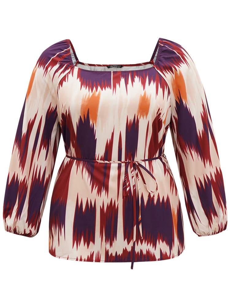 Plus Size Women Dailywear Tie Dye Tie Dye Puff Sleeve Long Sleeve Square Neck Office Blouses BloomChic 