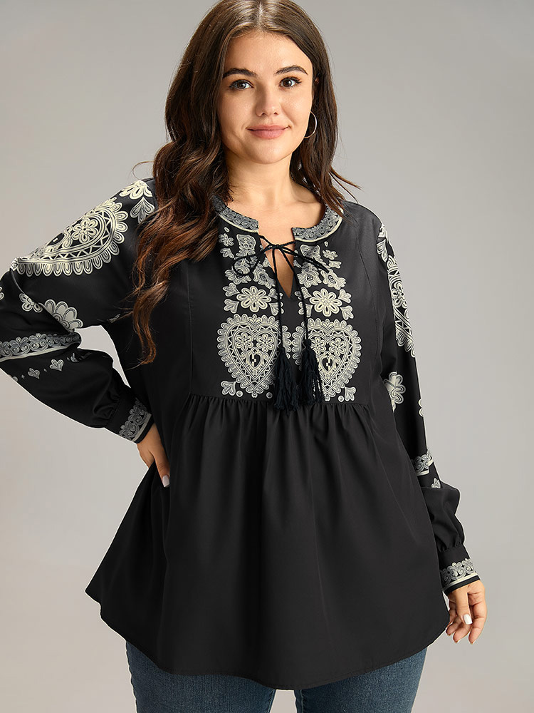 

Plus Size BlackFlower Boho Print Tie Neck Tassel Gathered Blouse Women Vacation Long Sleeve Tie Neck Vacation Blouses BloomChic