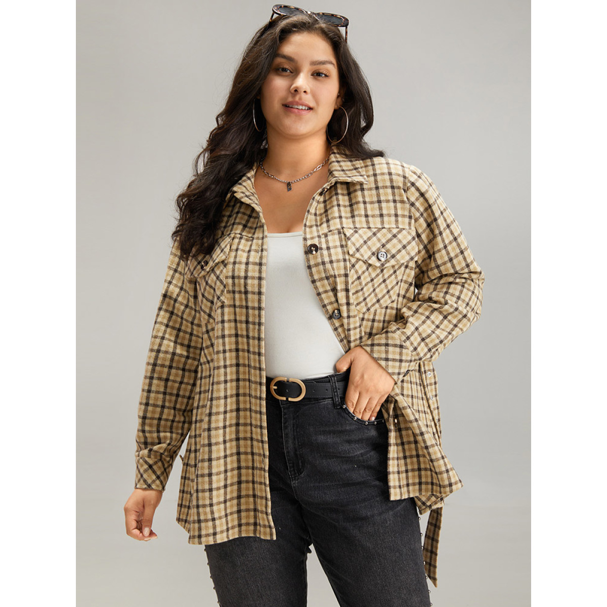 

Plus Size Gingham Pocket Button Through Belted Coat Women Tan Casual Belted Ladies Dailywear Winter Coats BloomChic
