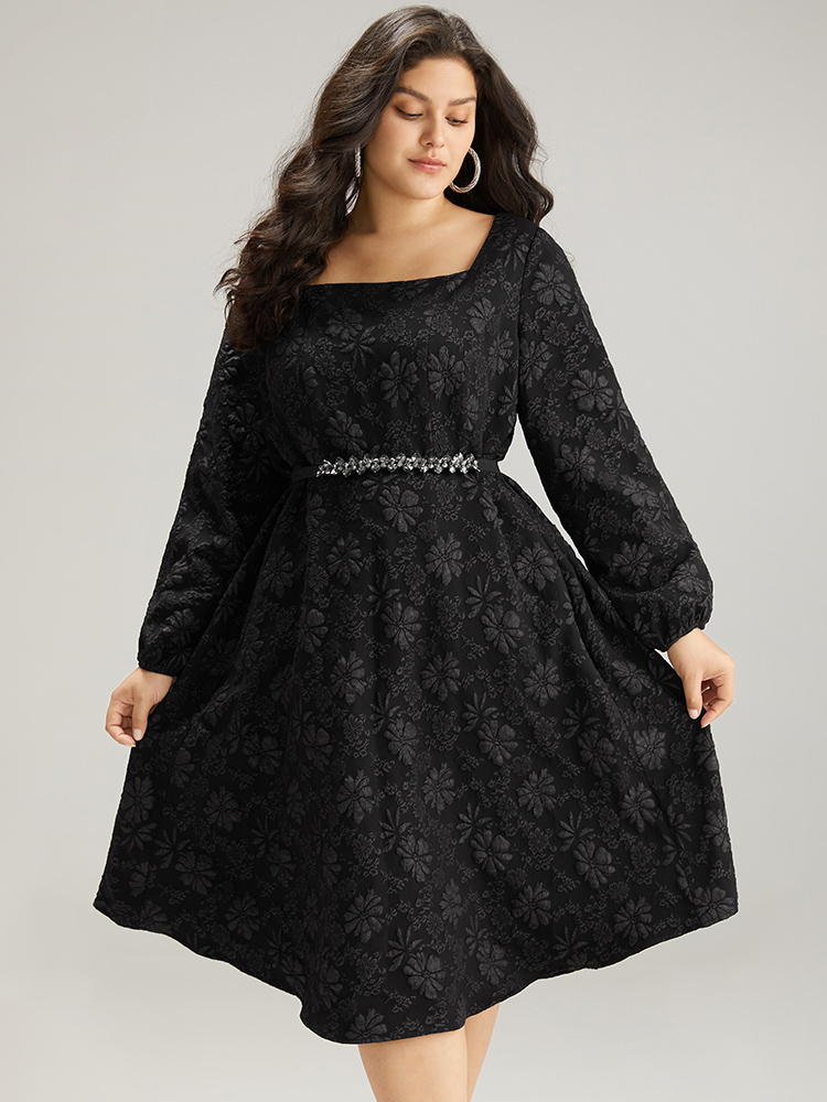 

Plus Size Floral Print Plisse Pocket Lantern Sleeve Dress Black Women Cocktail Elastic cuffs Square Neck Long Sleeve Curvy Midi Dress BloomChic