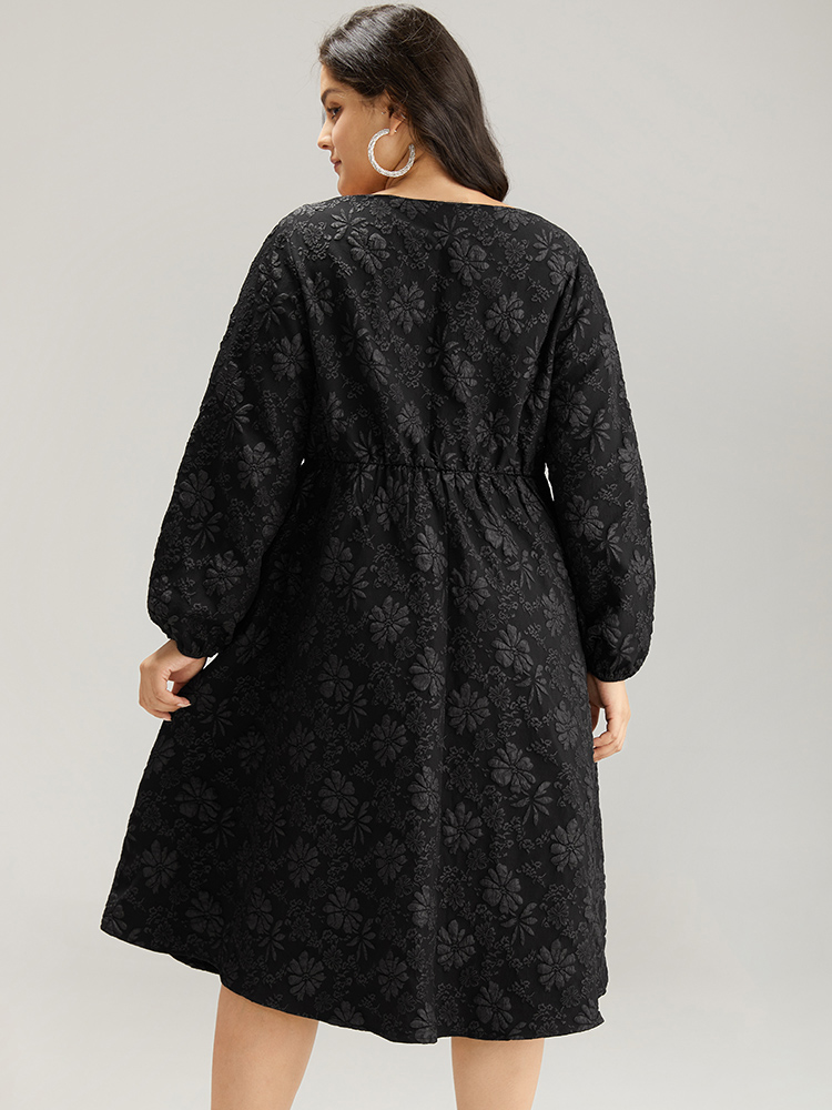 Plus Size Floral Print Plisse Pocket Lantern Sleeve Dress Black Women Cocktail Elastic cuffs Square Neck Long Sleeve Curvy Midi Dress BloomChic 28/5X 