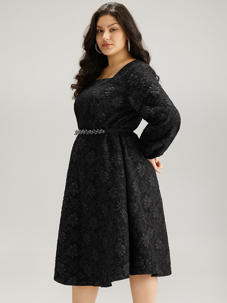 Plus Size Floral Print Plisse Pocket Lantern Sleeve Dress Black Women Cocktail Elastic cuffs Square Neck Long Sleeve Curvy Midi Dress BloomChic 28/5X 