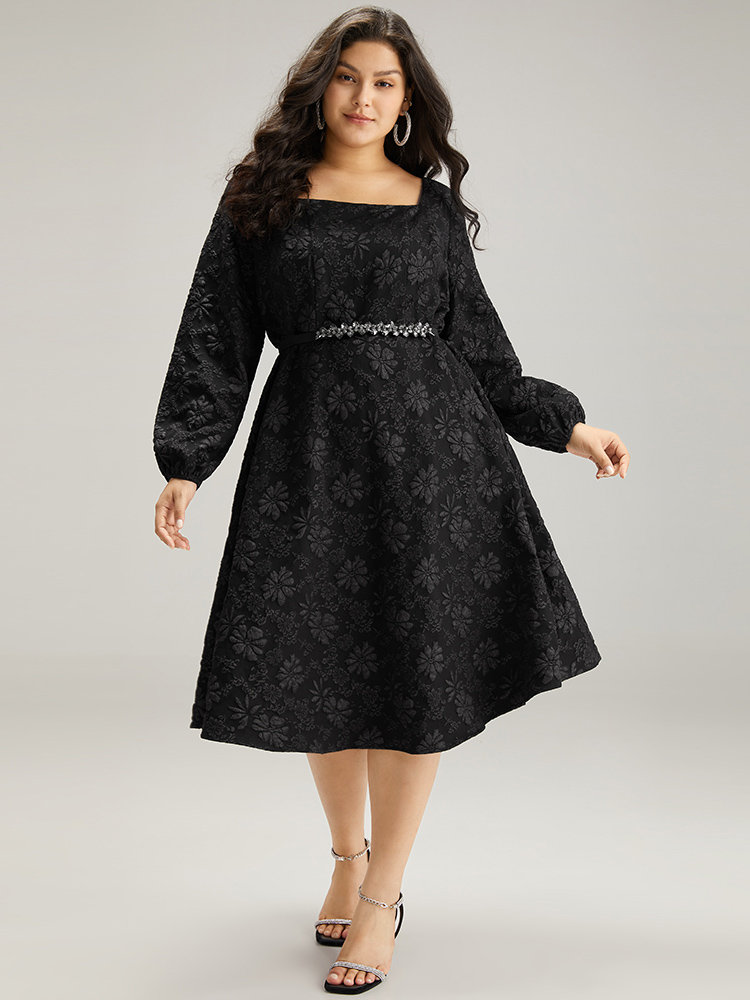 Plus Size Floral Print Plisse Pocket Lantern Sleeve Dress Black Women Cocktail Elastic cuffs Square Neck Long Sleeve Curvy Midi Dress BloomChic 28/5X 