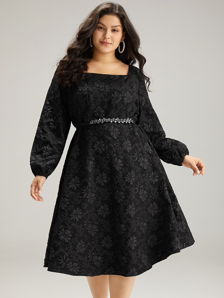 Plus Size Floral Print Plisse Pocket Lantern Sleeve Dress Black Women Cocktail Elastic cuffs Square Neck Long Sleeve Curvy Midi Dress BloomChic 28/5X 