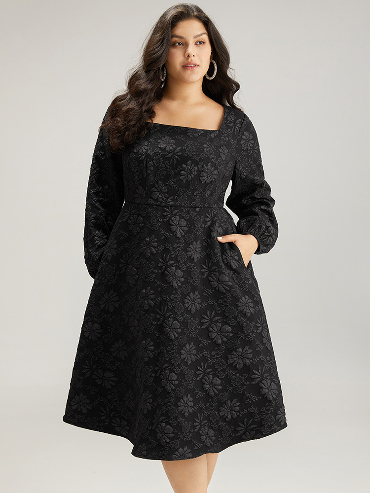 Plus Size Floral Print Plisse Pocket Lantern Sleeve Dress Black Women Cocktail Elastic cuffs Square Neck Long Sleeve Curvy Midi Dress BloomChic 28/5X 