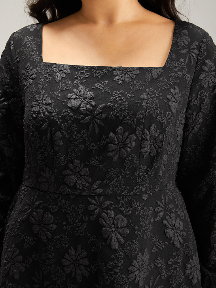 Plus Size Floral Print Plisse Pocket Lantern Sleeve Dress Black Women Cocktail Elastic cuffs Square Neck Long Sleeve Curvy Midi Dress BloomChic 28/5X 
