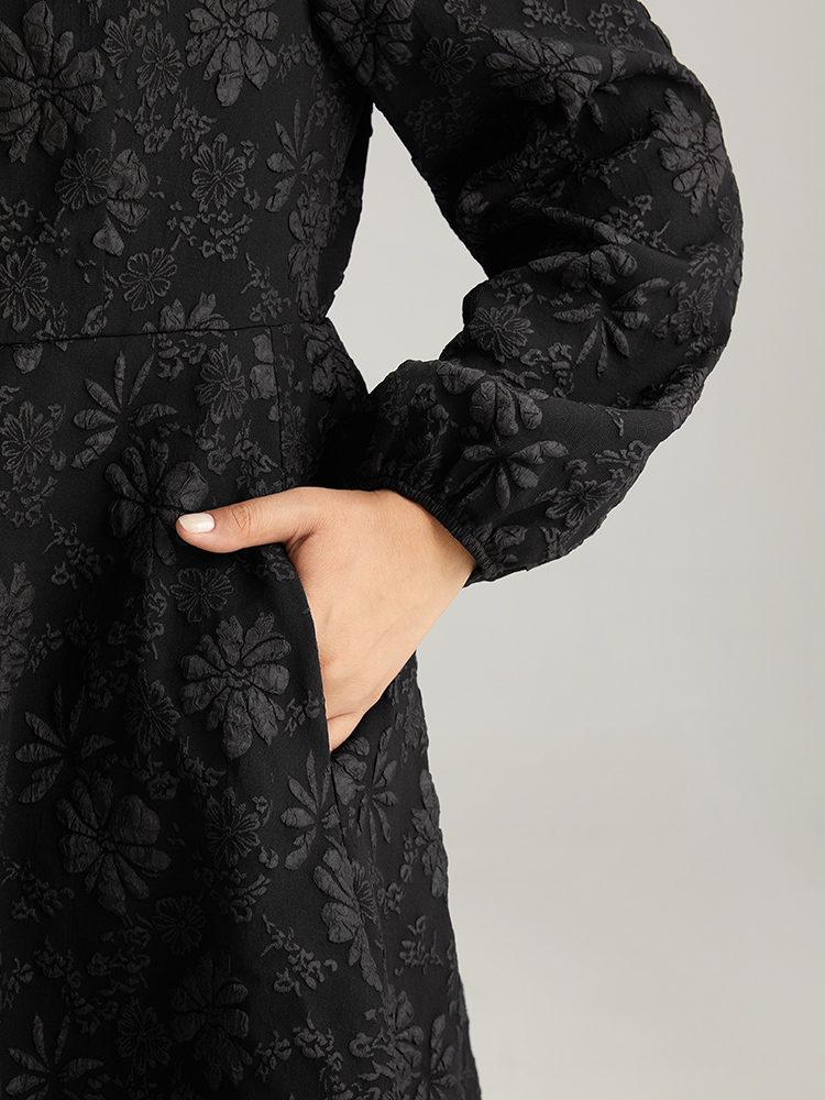 

Plus Size Floral Print Plisse Pocket Lantern Sleeve Dress Black Women Cocktail Elastic cuffs Square Neck Long Sleeve Curvy Midi Dress BloomChic