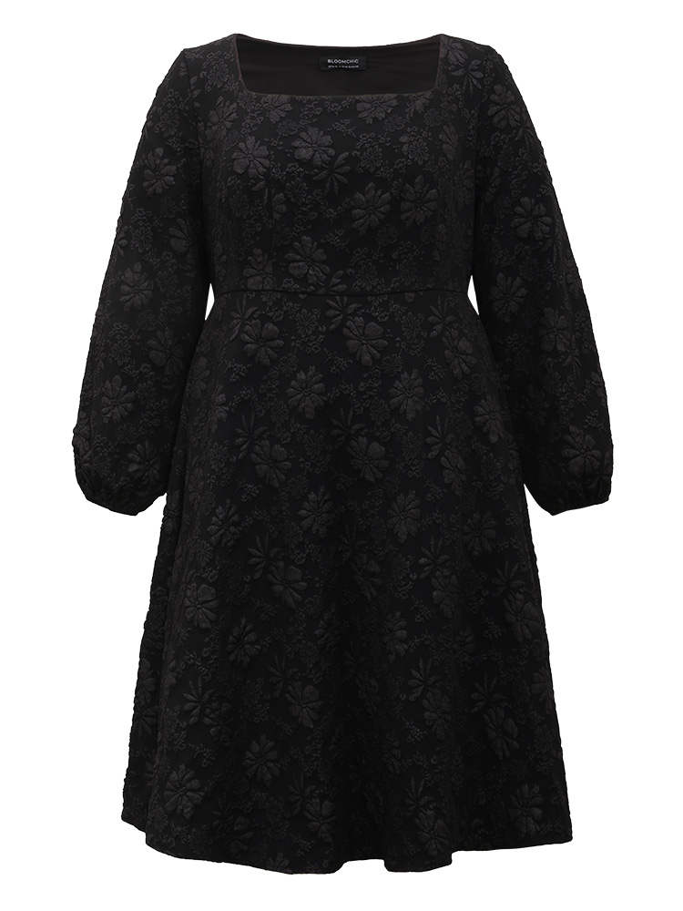 Plus Size Floral Print Plisse Pocket Lantern Sleeve Dress Black Women Cocktail Elastic cuffs Square Neck Long Sleeve Curvy Midi Dress BloomChic 28/5X 