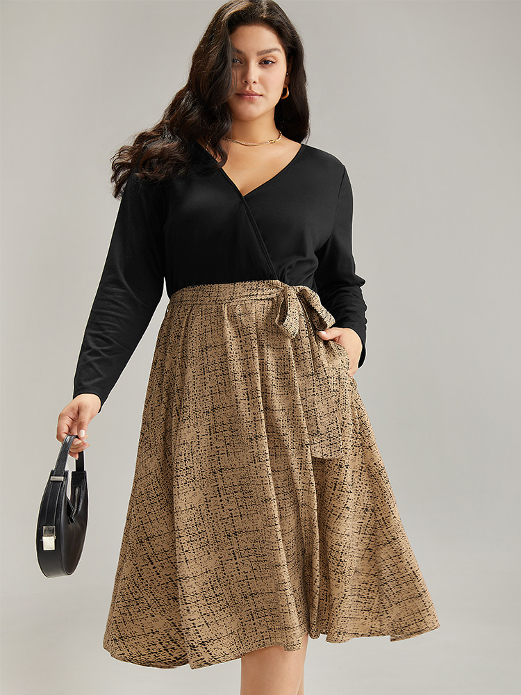 

Plus Size Patchwork Pocket Belted Long Sleeve Dress Tan Women Elegant Belted V-neck Long Sleeve Curvy Midi Dress BloomChic