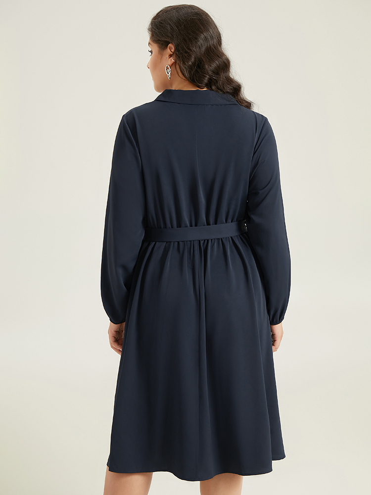 

Plus Size Anti-Wrinkle Suit Collar Pocket Belted Shirt Dress Navy Women At the Office Gathered Suit Collar Long Sleeve Curvy Midi Dress BloomChic