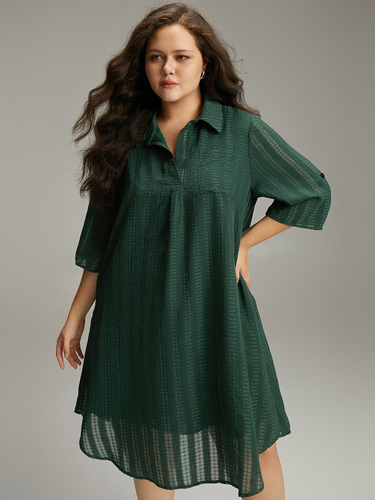 

Plus Size Solid Textured Pocket Tab Sleeve Arc Hem Dress Cyan Women Office See through Shirt collar Elbow-length sleeve Curvy Knee Dress BloomChic