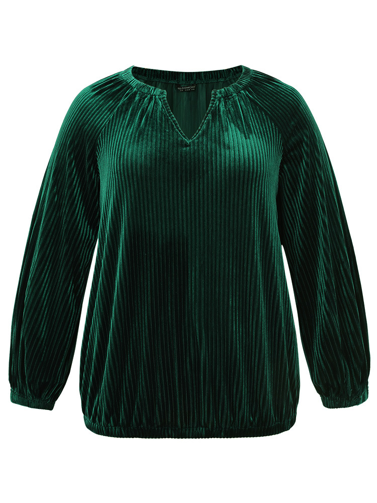 

Velvet Notched Raglan Sleeve Gathered T-shirt, Darkgreen