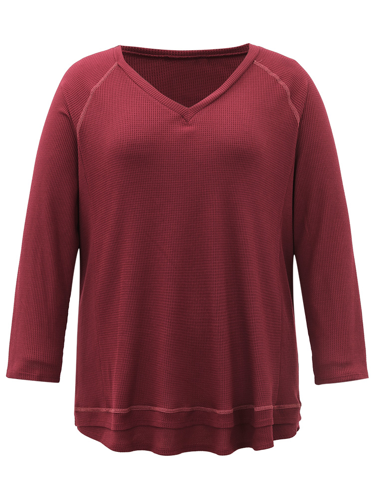 

Plus Size Plain Textured Stitch Raglan Sleeve Sweatshirt Women Burgundy Casual Plain V-neck Everyday Sweatshirts BloomChic